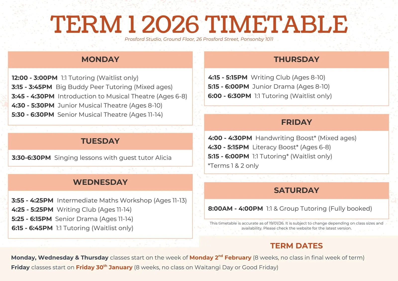 Term 1 2026 Prosford Studio Timetable